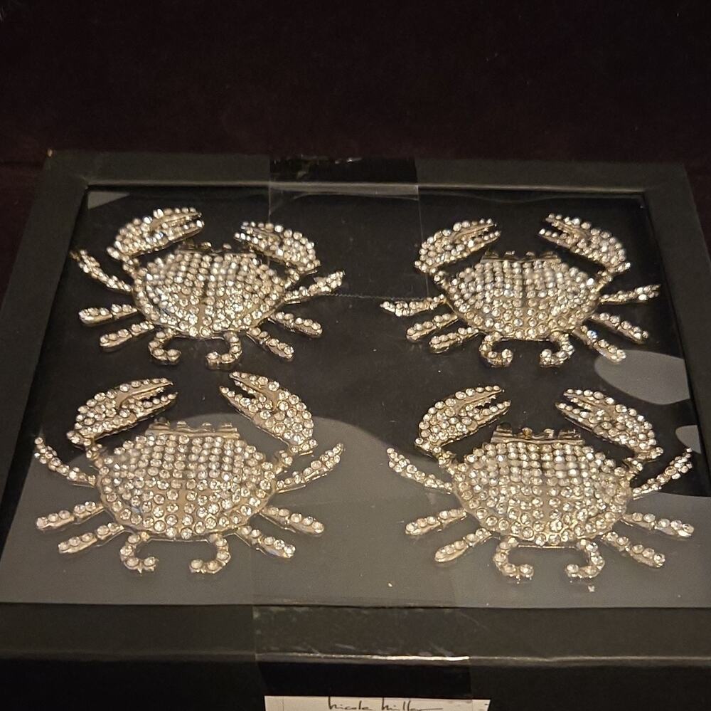 Nicole Miller Home Crab Pattern Silver Metal Napkin Rings Set of 4 Rhinestones